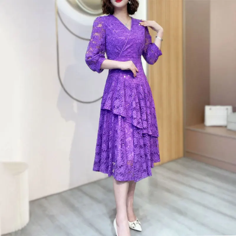 

2023 Spring Summer 3/4 Sleeve Elegant V-Neck Midi Dress Sexy Lace Hollow Out Spliced Female Fashion A-Line Asymmetrical Dresses