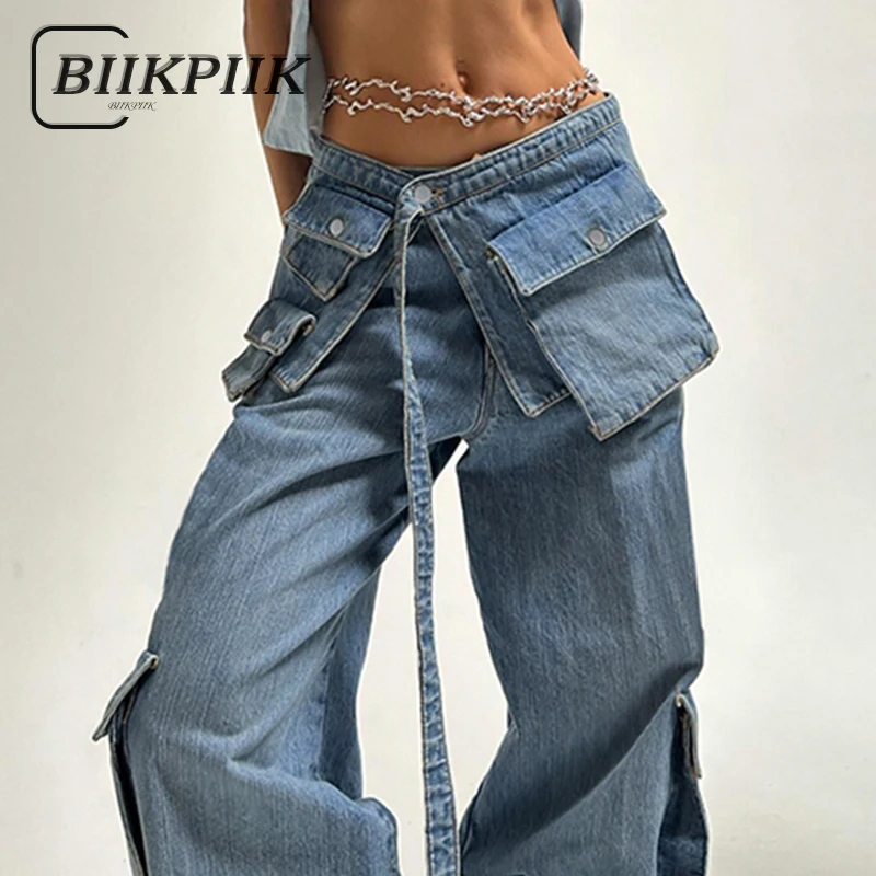 

BIIKPIIK Streetwear Pockets Women Jeans Fashion Removable Straight Denim Pants Casual All-match Designed Trousers Unique Winter