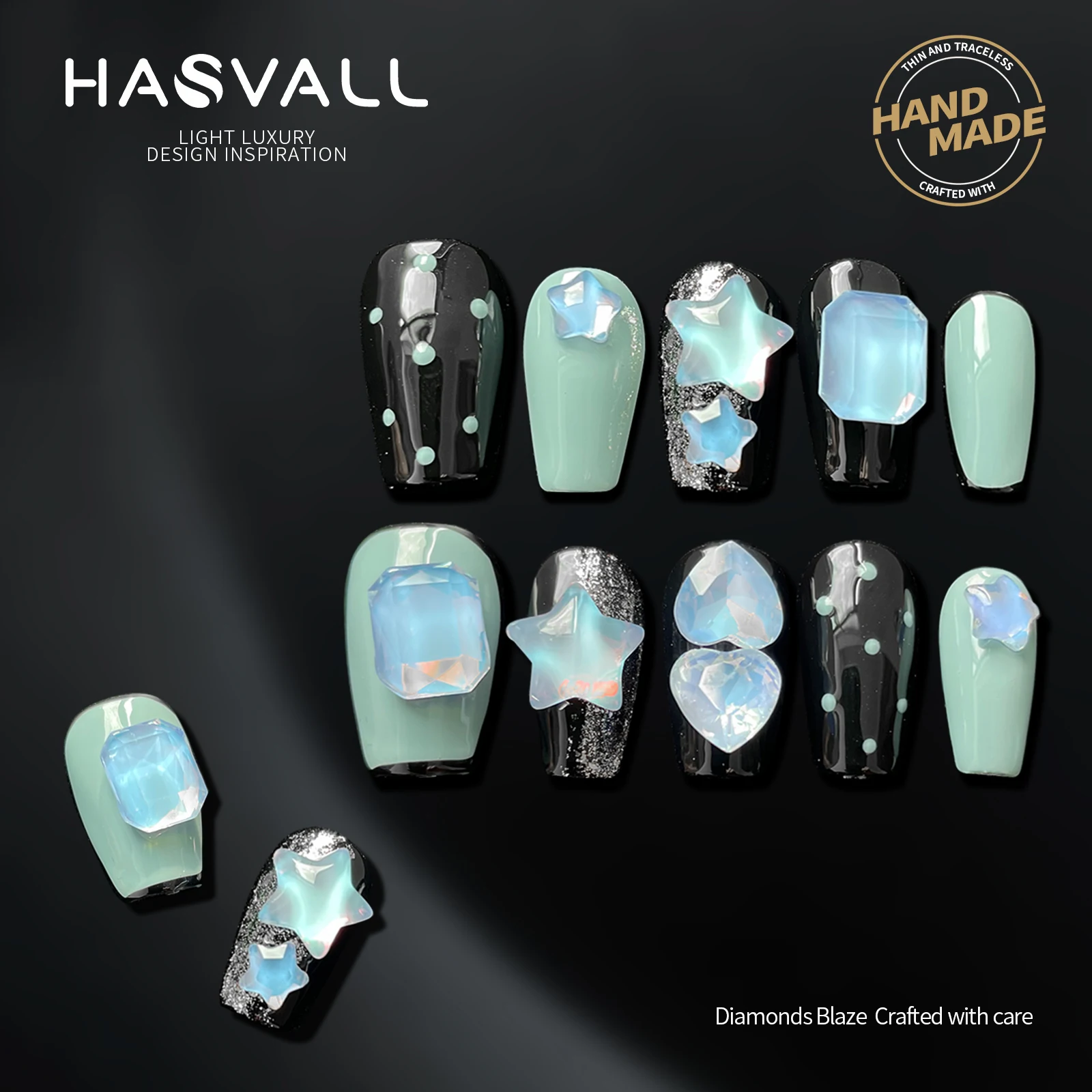 

HASVALL Handmade Short Coffin Blue Star Polka Dots False Nail Tips with Cute 3D Diamond Charm Design Press On Nails 10 Pcs