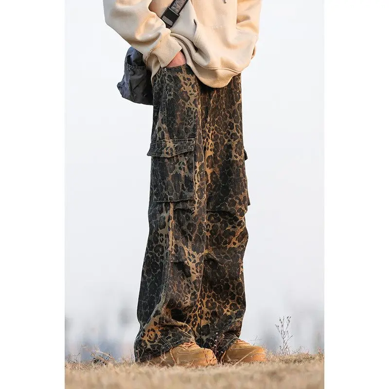 Deeptown Y2k Vintage Oversize Leopard Cargo Jean Woman Spring Street Hippie Wide Leg Pants Harajuku Fashion Casual Trousers Kpop