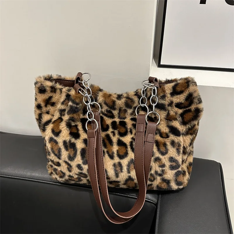 Simple Women's Bag, Fashionable Leopard Print Plush Tote Bag, Warm Soft Handbag Shoulder Bag Suitable for Daily Shopping Work