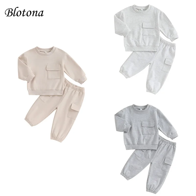 

Blotona Boys Girls Autumn 2PCS Pants Sets Solid Color Long Sleeve Sweatshirt Pullover and Elastic Band Pants with Pocket 6M-5Y