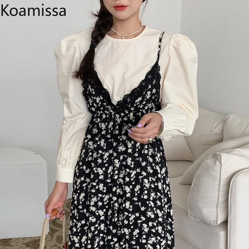 

Женский винтажный комплект из двух предметов Koamissa, белая блузка с длинным рукавом и цветочным рисунком, осенне-весенний шикарный костюм