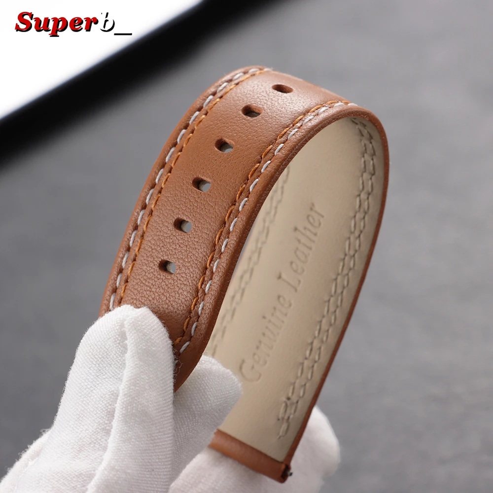 Premium Genuine Calfskin Leather Watch Strap with Butterfly Buckle and Dual Stitching