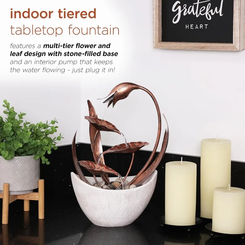 ZEN918 Indoor Tabletop Multi-Tiered Metal Falling Leaves Water Fountain with Stone-Filled Base, 14" 3