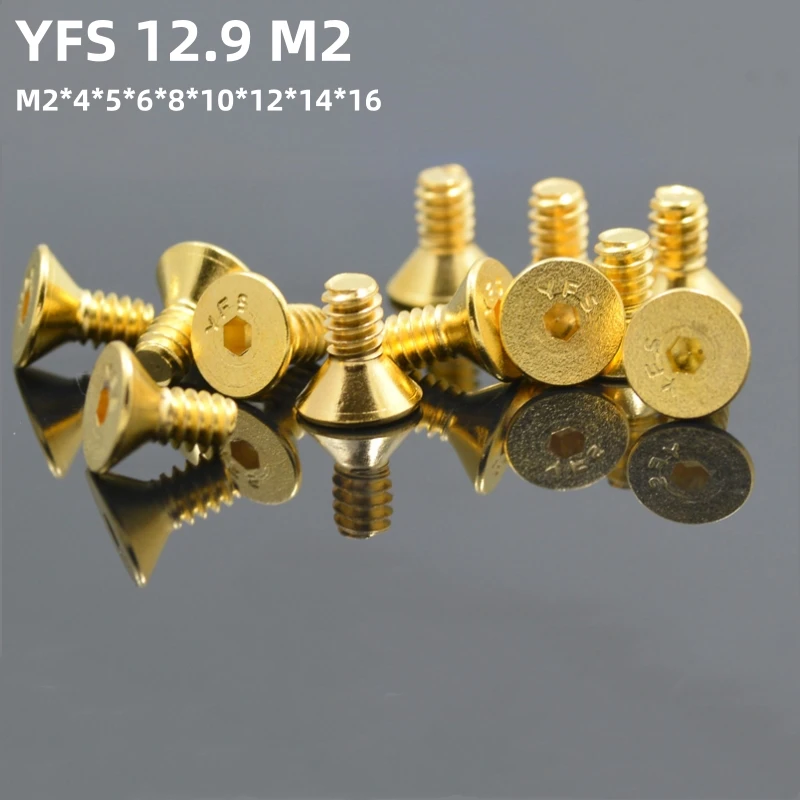 

100 шт. YFS M2 винты с потайной головкой и шестигранным отверстием M2 * 4*5*6*8*10*12*14*16 мм класс, винты с титановым позолоченным покрытием