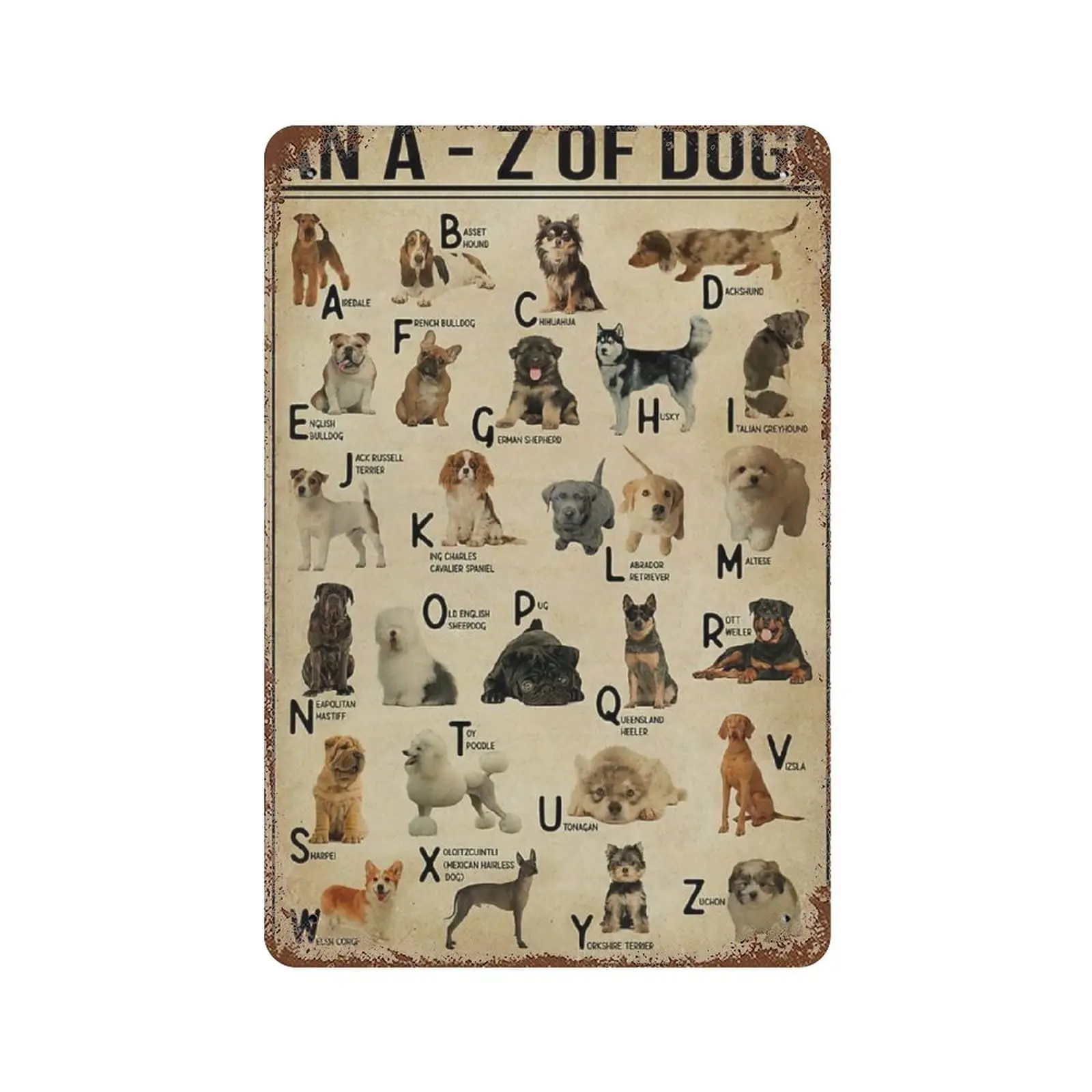 

Vintage Metal Tin Sign Plaque,an A - Z of Dogs -All Kind of Dog Tin Sign,Man cave Pub Club Cafe Home Decor Plate，Birthday Annive