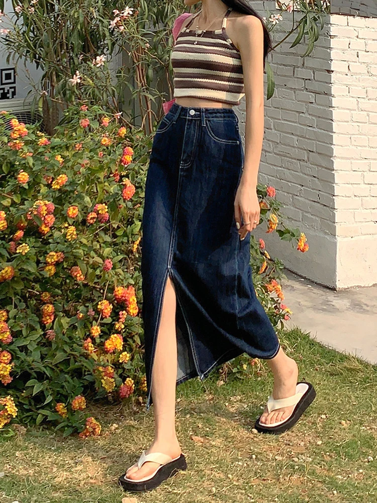 Casual A-Line Denim Mid-Length Skirt Women's Summer 2022 New Fashion High-Waisted Long Skirt All-Match Slit Blue Hip Wrap Skirt wp 26 tig welding torch 4m length air cooled blue torch head gas and cable whole