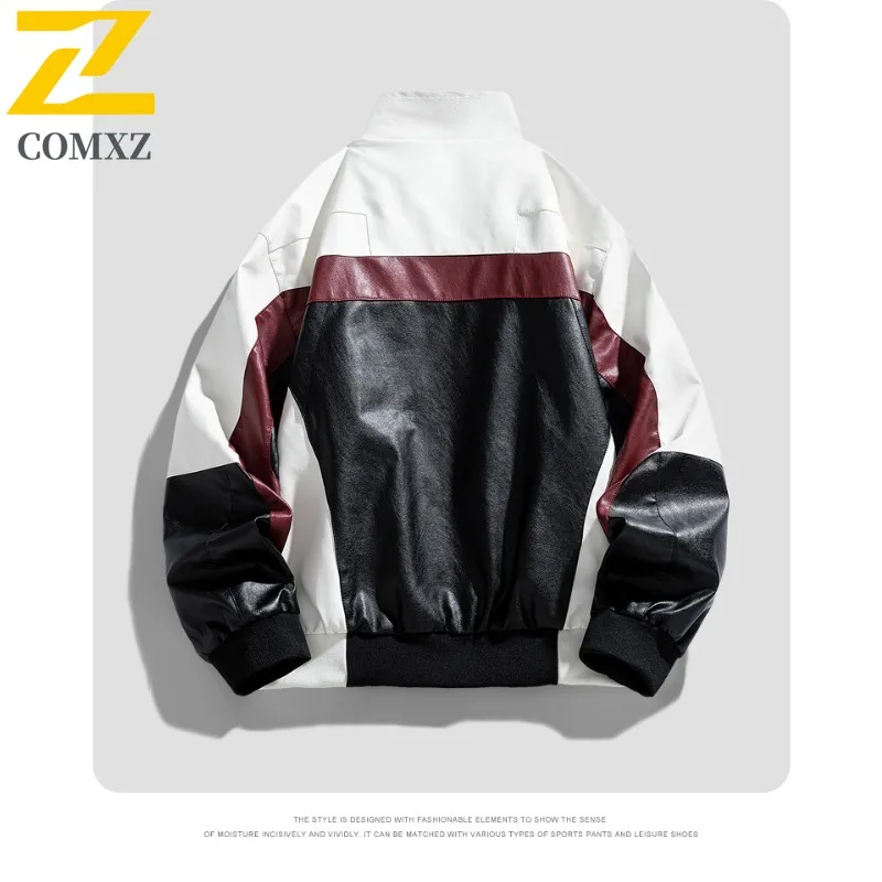 EiAO Jacket Colorblock PU Leather Men Women Stand Collar Biker Coat Waterproof Windproof Oversized Pilot Jacket for Outdoor 2025