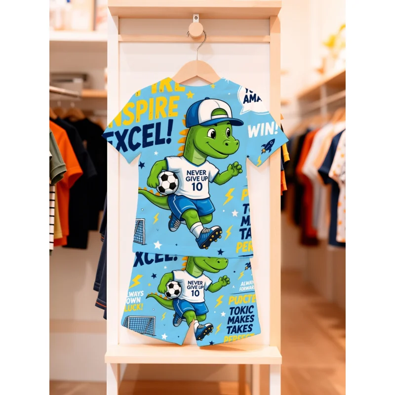 2 Pcs Boy Clothes Baby Cute Sets Summer Adventure Cartoon Dinosaur Soccer Theme Happy Kids Outdoor Play Fun Active Playwear For 3