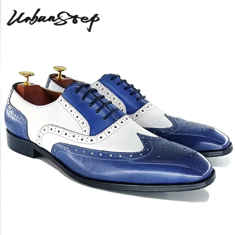 

ITALIAN MEN OXFORD SHOES WHITE MIXE BLUE BROGUE CASUAL DRESS MAN SHOES OFFICE BUSINESS WEDDING LACE UP LEATHER SHOES MEN