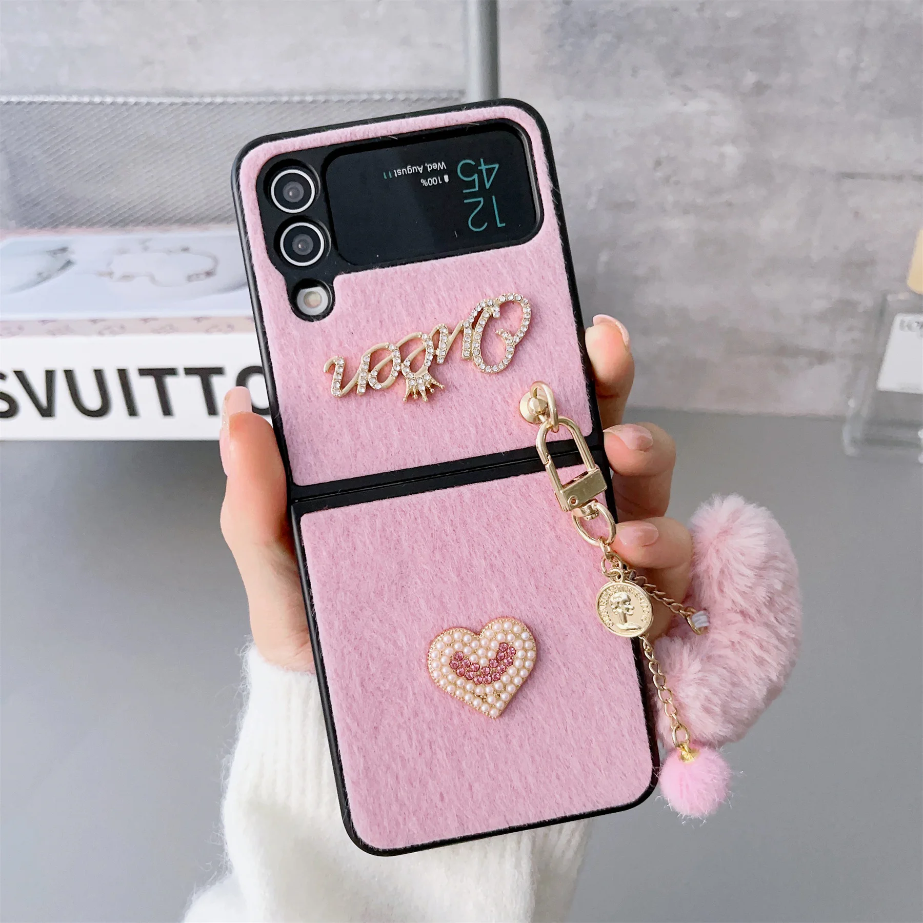 Cute Fluffy Heart Pompom Hand Rope Solid Phone Case For Samsung Z