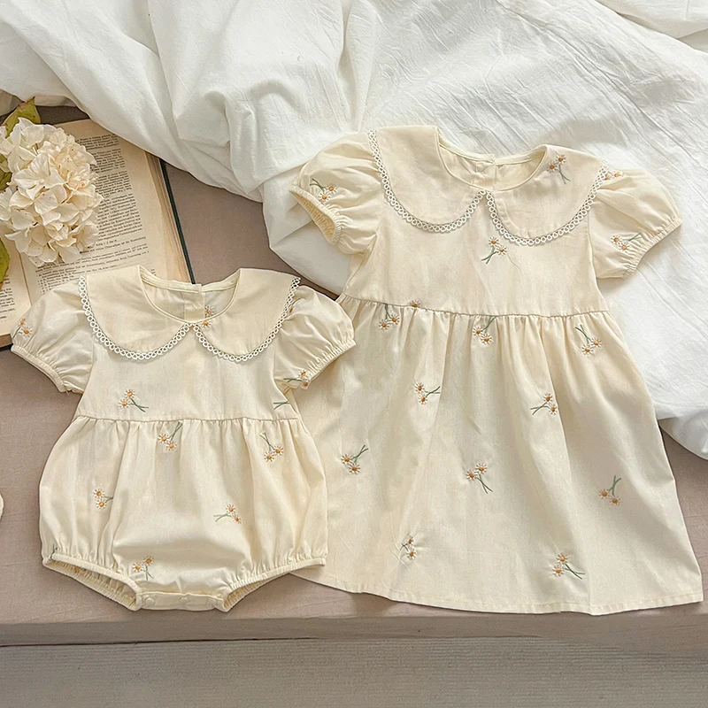 Infant Baby Girls Lace Collar Dress Rompers Sisters Clothes Kids Girls Embroider Flower Princess Dress Family Clothes Rompers 5