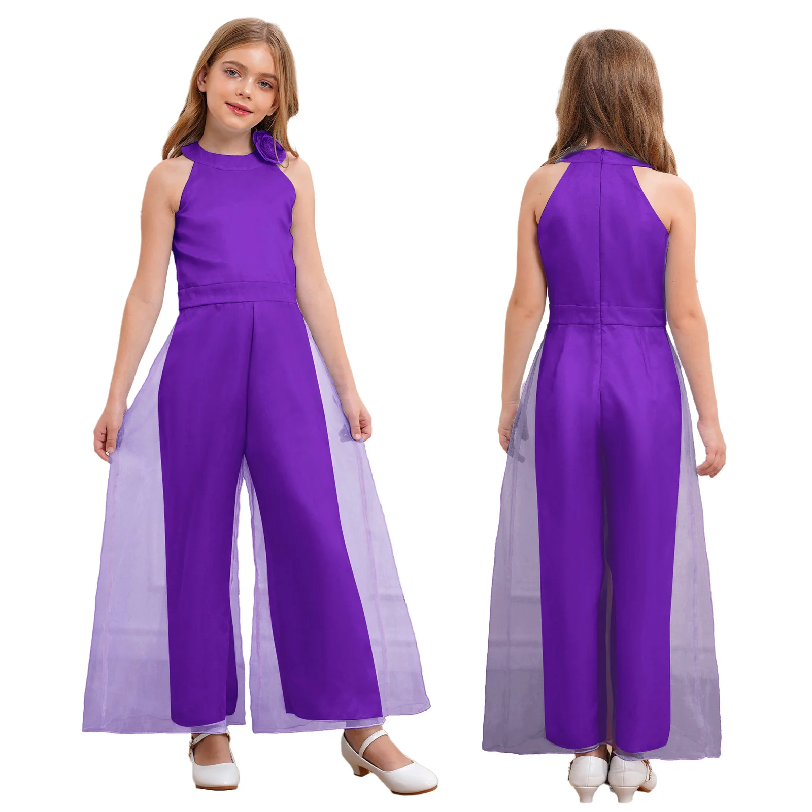 Kinder Mädchen Elegante Party Blume Brosche Strampler Abend Hochzeit Geburtstag Body Neckholder Ärmellose Breite Bein Hosen Overall – Detail 17