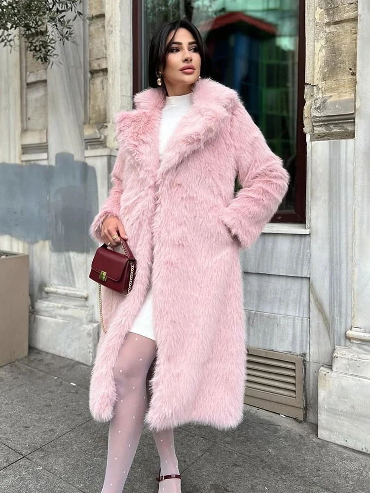 Imitation Fox Fur Long Coat For Women Lapel Solid Street Winter