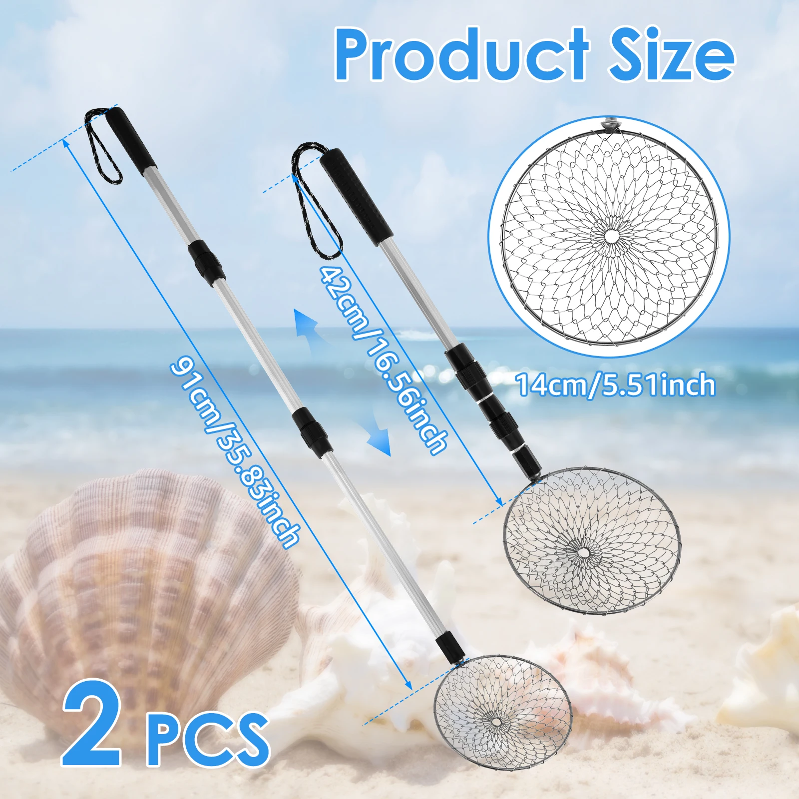 Beach Sand Sifter Telescoping Shell Scooper Portable Beach Shovel Adjustable Seashell Hunting Rock Sifting Tool for Beach Travel
