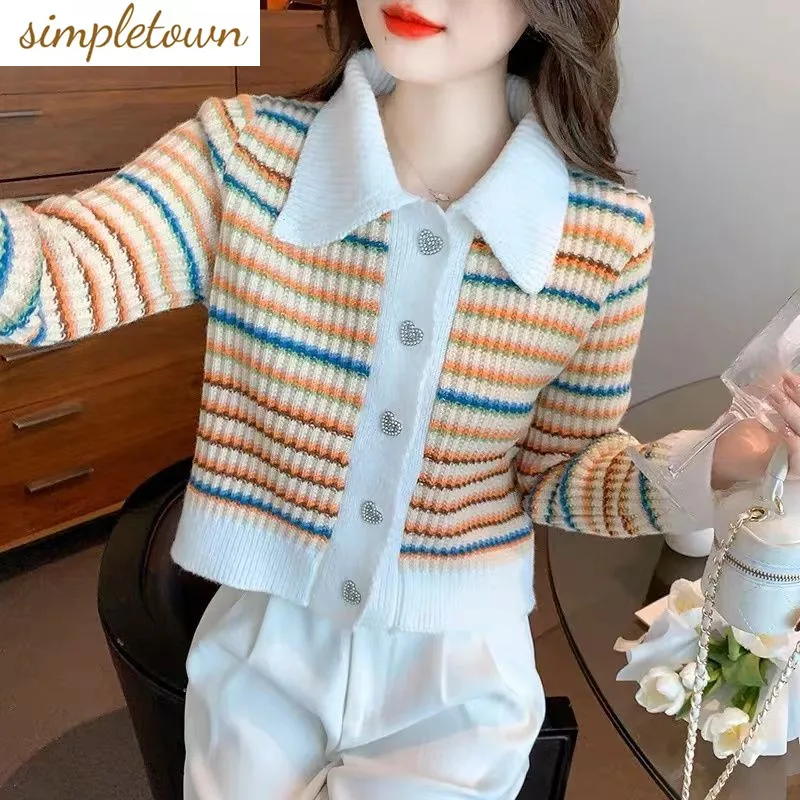 Colorful Striped Knitted Sweater for Women 2023 New Spring and Autumn Season Sweater for Women Small Fragrant Cardigan vintage stripe cardigan versatile unisex retro striped knitted sweater loose v neck cardigan for men women autumn winter retro