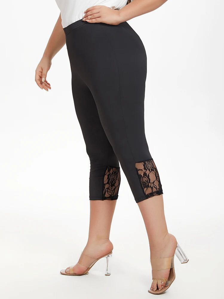 Plus Sized Clothing Pants Spring Contrast Lace  Elastic Waist Capri Skinny Leggings Casual Slim Stretch Plain Daily Streetwear