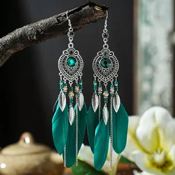 Elegant Boho Feather and Leaf Tassel Earrings with Rhinestone Accents (Green)
