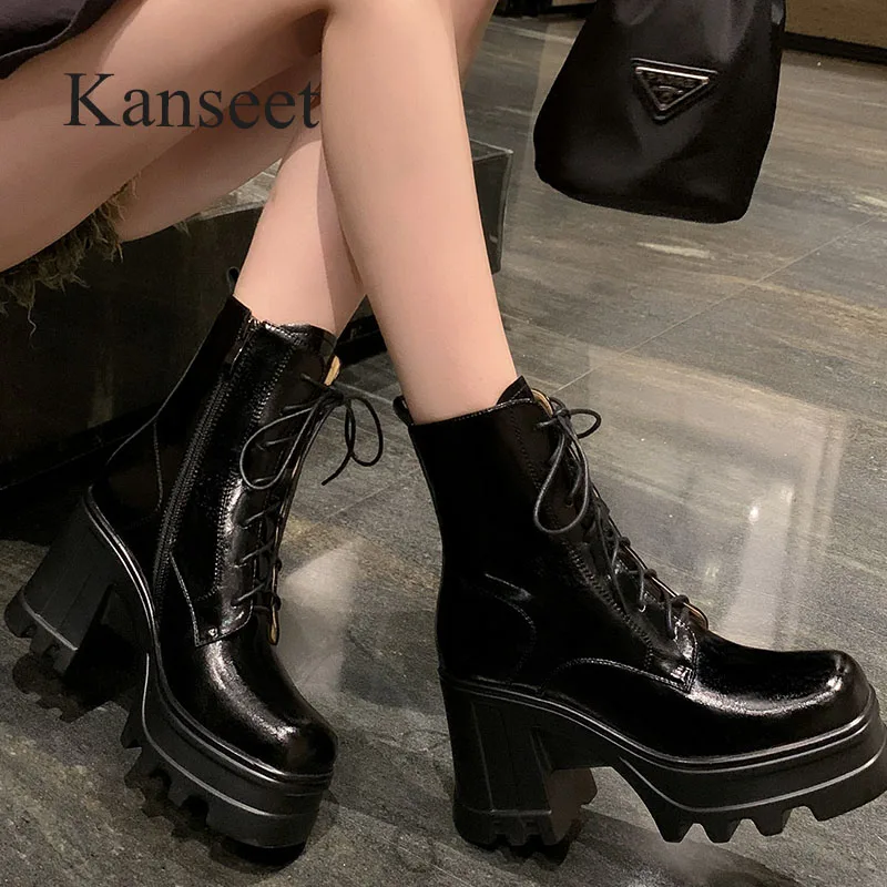 

Kanseet Black Platform Ankle Boots 2023 Autumn Winter Shoes Square Toe Genuine Leather Thick High Heels Short Boots For Women