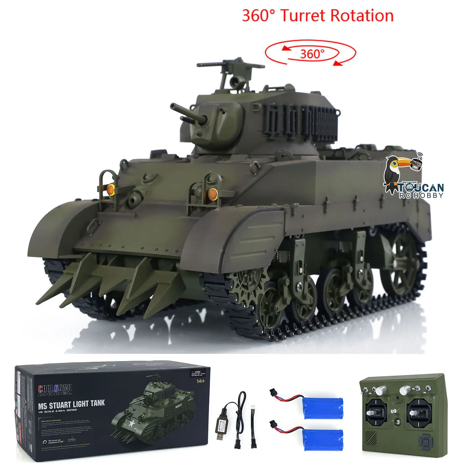 Char RC 1/16 M5A1 Stuart VI RTR avec éclairage, son et 2 batteries