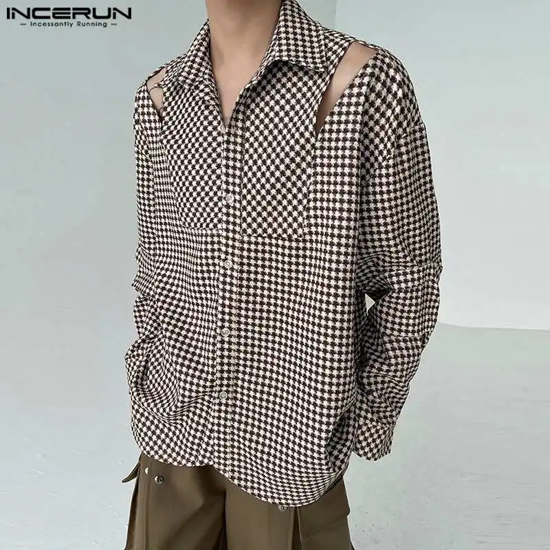 Handsome Well Fitting Tops INCERUN Men's Fashionable Hollow Plaid Shirts Casual Stylish Male All-match Long Sleeved Blouse S-5XL