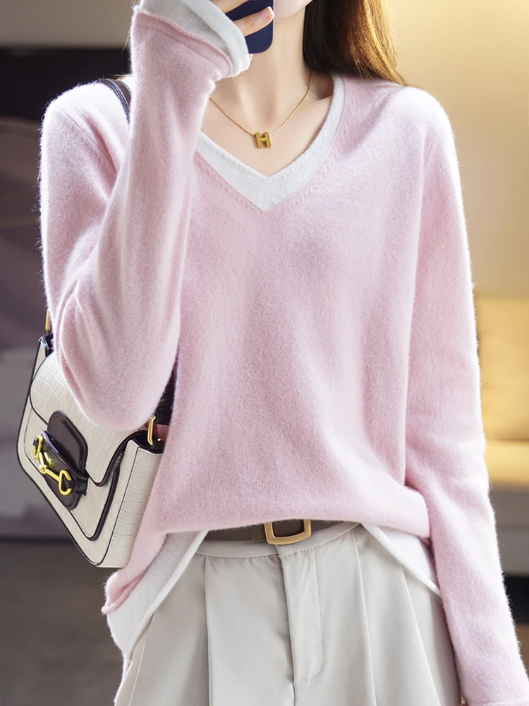 

100% Merino Wool Pullover Women's Double V-Neck Knit Colorblock Top 2022 Autumn/ Winter Thin Casual Korean Style Fashion New Hot
