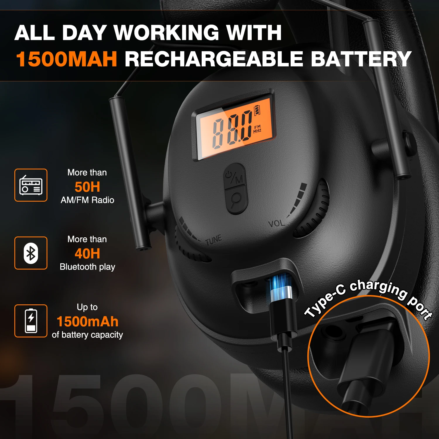 Cuffie radio Bluetooth 5.4 AM/FM con protezione auricolare da 30 dB, riproduzione 50 ore. USB-C ricaricabile. Ottimo per il lavoro e i regali. - immagine 4