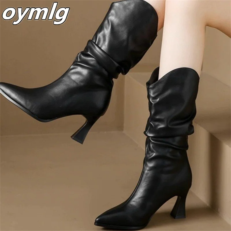 2023 Autumn Denim Design Trend New Thin Heel High Heels Solid Color Stacked Fashion Leather Boots womens boots