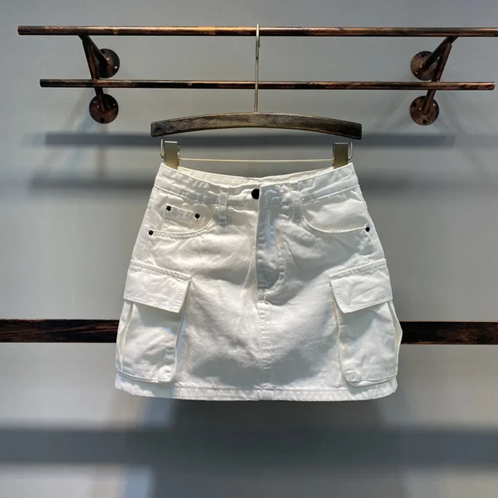 

Summer New Fashion Jean Mini Skirt Korean Big Pocket A-line Denim Skirts Women's Slim High Waist White Sexy Short Skirt L661