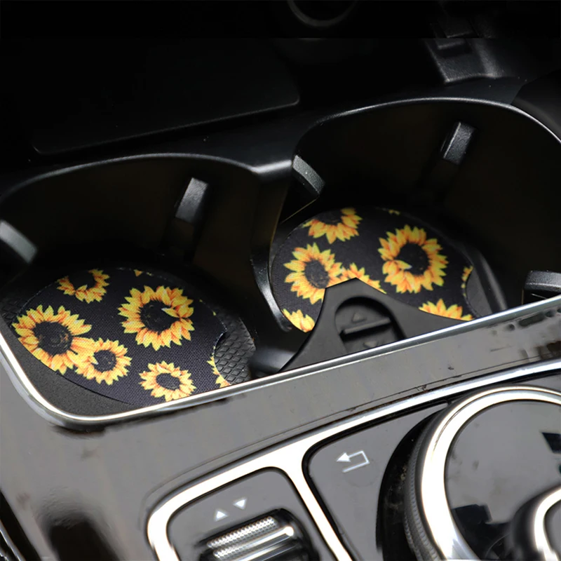 2PCS Car Coaster Water Cup Bottle Holder Waterproof printing Anti-slip Pad Mat Composite rubber Interior Decoration Accessories