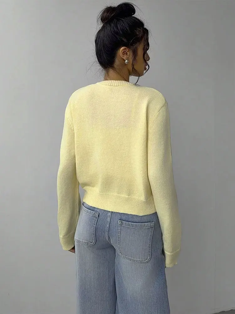 HH Women Elegant Yellow Knitted Sweater O Neck Long Sleeve Single-breasted Short Cardigan Autumn Casual Office Lady Coats