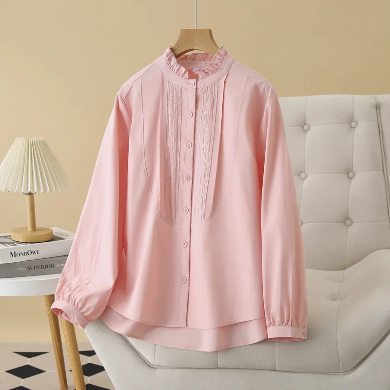 2025 Spring New Plus Size Shirt 100KG Stylish Ruffled Collar Embroidered Long Sleeved Blouses For Women 156