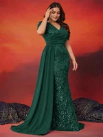 Plus Size Elegant V-neck Sequins Evening Dress Women Short Sleeves Mermaid Formal Luxury Party Streamer Prom Dress - Image 4