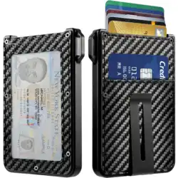 Men's Slim Carbon Fiber Leather Wallet - Aluminum Card Holder with Clear ID Display and Cash Clip, Holds Up to 10 Cards (Carbon fiber)