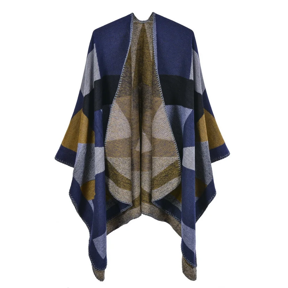 Checker Knitted Shawl Women Warm Autumn Winter Reversible Cloak Geometric Pattern Poncho Lady Capes Navy Cloaks vale reversible vicuna navy плед