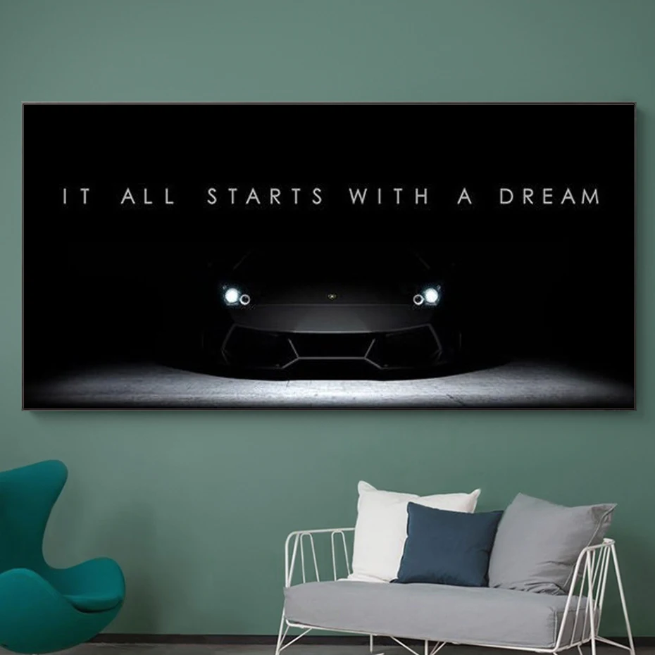 Black Sports Car Canvas Painting, Wall Art Posters, Modern Motivational Prints, All Stars with a Dream,for Living Room Artwork