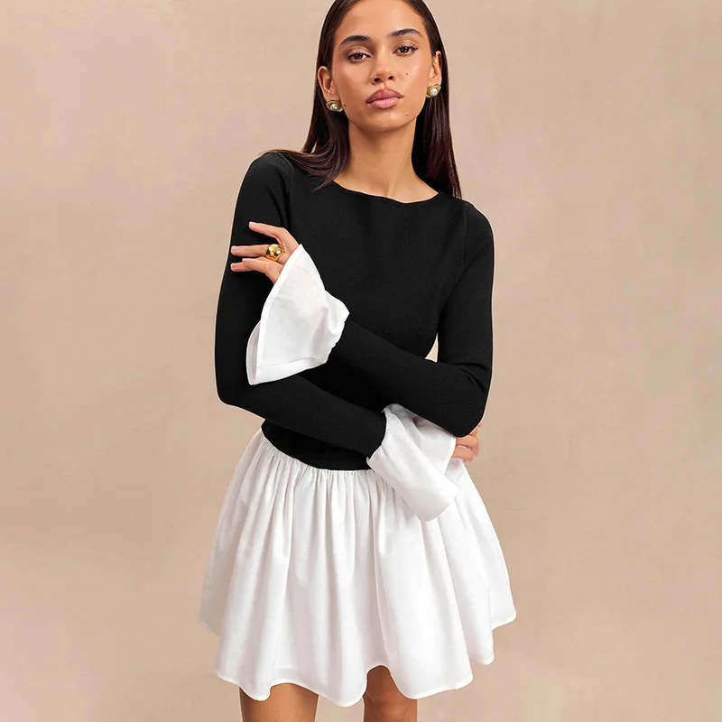 Ruffled Contrast Casual Mini Dress Women's Patchwork High Waist Elegant Fashion Party Dress Female Y2k Mini Dress New