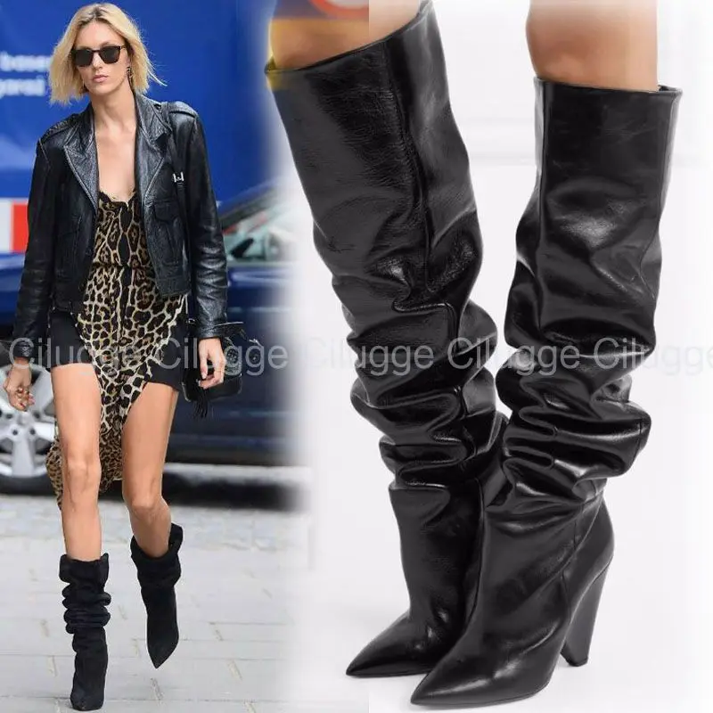 

Termainoov Autumn Winter Sexy Pleated Over-the-knee Boots Pointed Toe Women Boots Wedges Knee Boots Retro Slip-on Women Shoes
