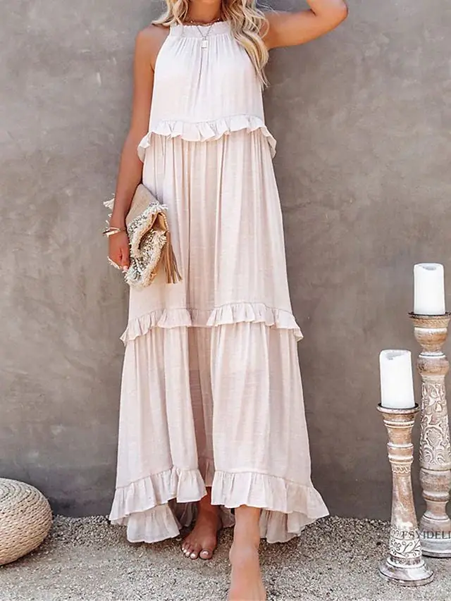 

2023 New Bohemian Beach Dress Solid Ruffle Edge Long Beach Party Dress Sleeveless Round Neck Loose Fit Long Dress