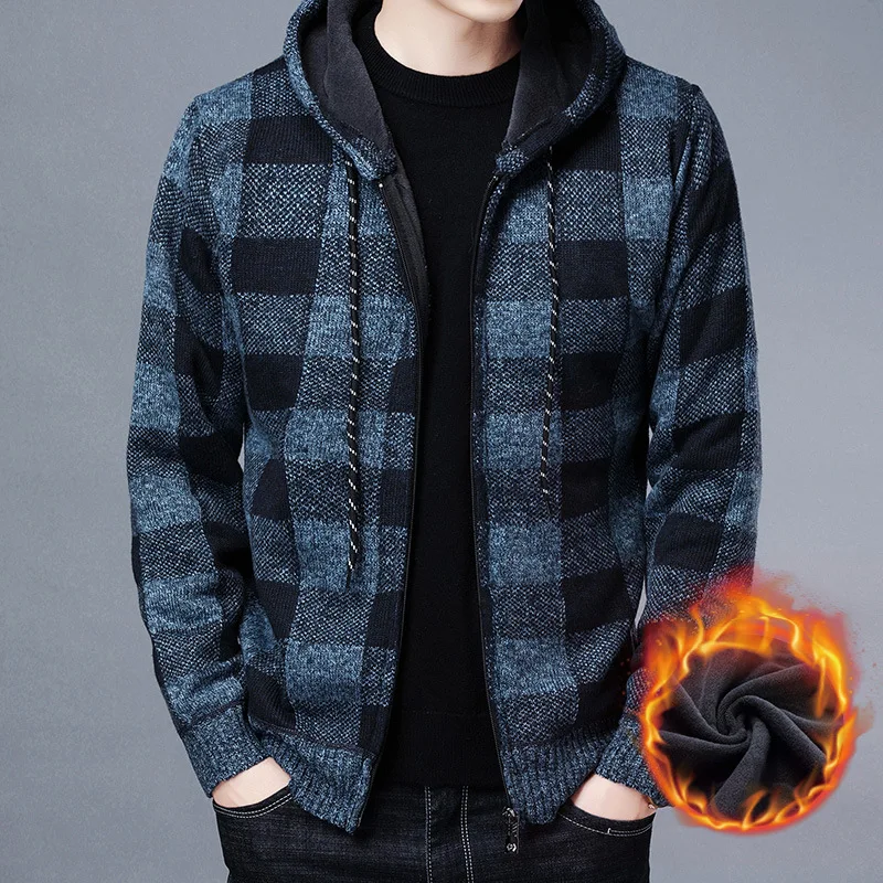 Men Fleece Thickened Hooded Add Wool Coats Casual Cardigan Knit Sweater Male Loose Warm Trendy man Fashion Winter Zipper jackets