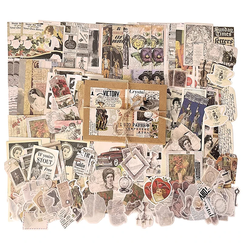200Pcs Vintage Scrapbook Papers Supplies Pack DIY Paper Material Retro Washi Stickers for Art Craft Notebook Album Diary Envelop