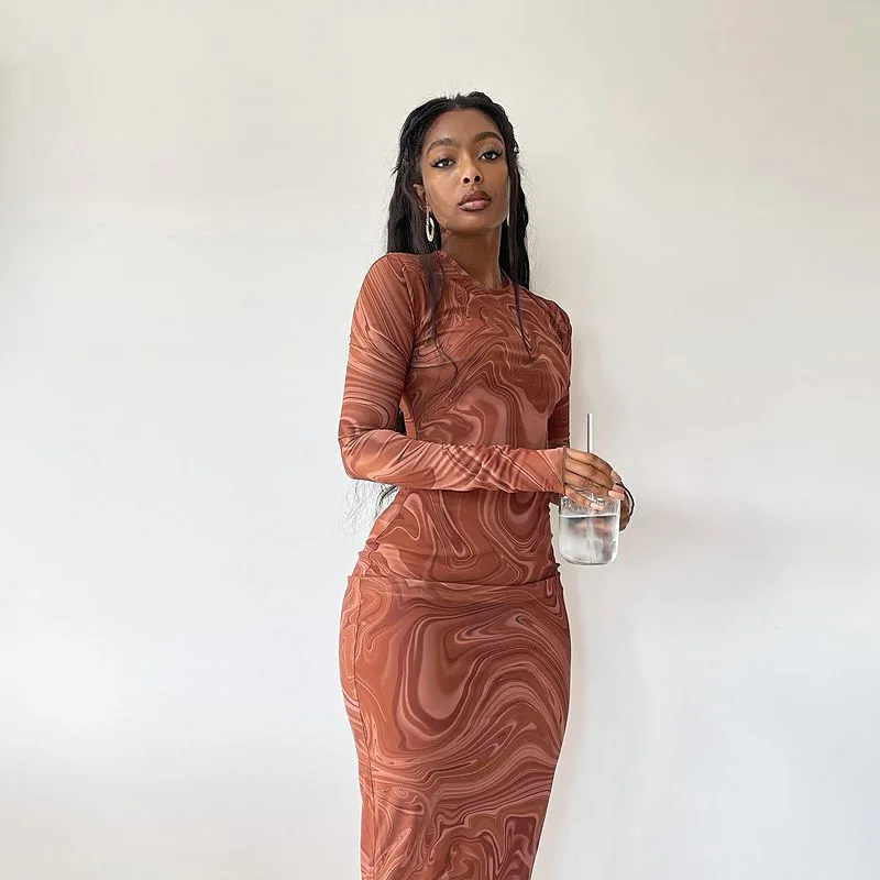 

Women's 2023 Skinny Mid Length Dress Round Neck Long Sleeve Printed Wrapped Hip Skirt Pullover Dress