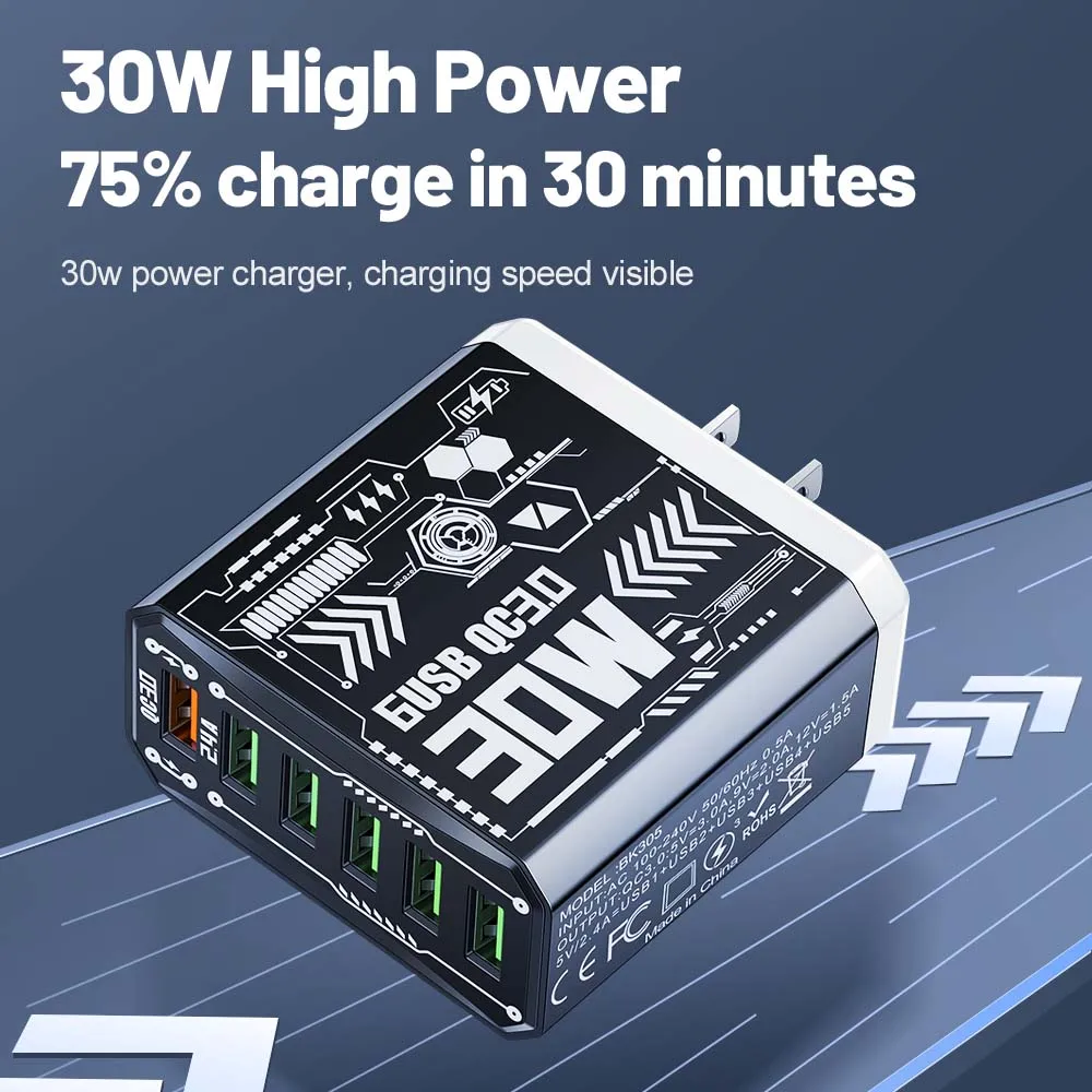 6USB Charger QC3.0 Fast Charging Quick Charger For iPhone Samsung Xiaomi Mobile Phone Charge Adapter EU/US/UK Plug