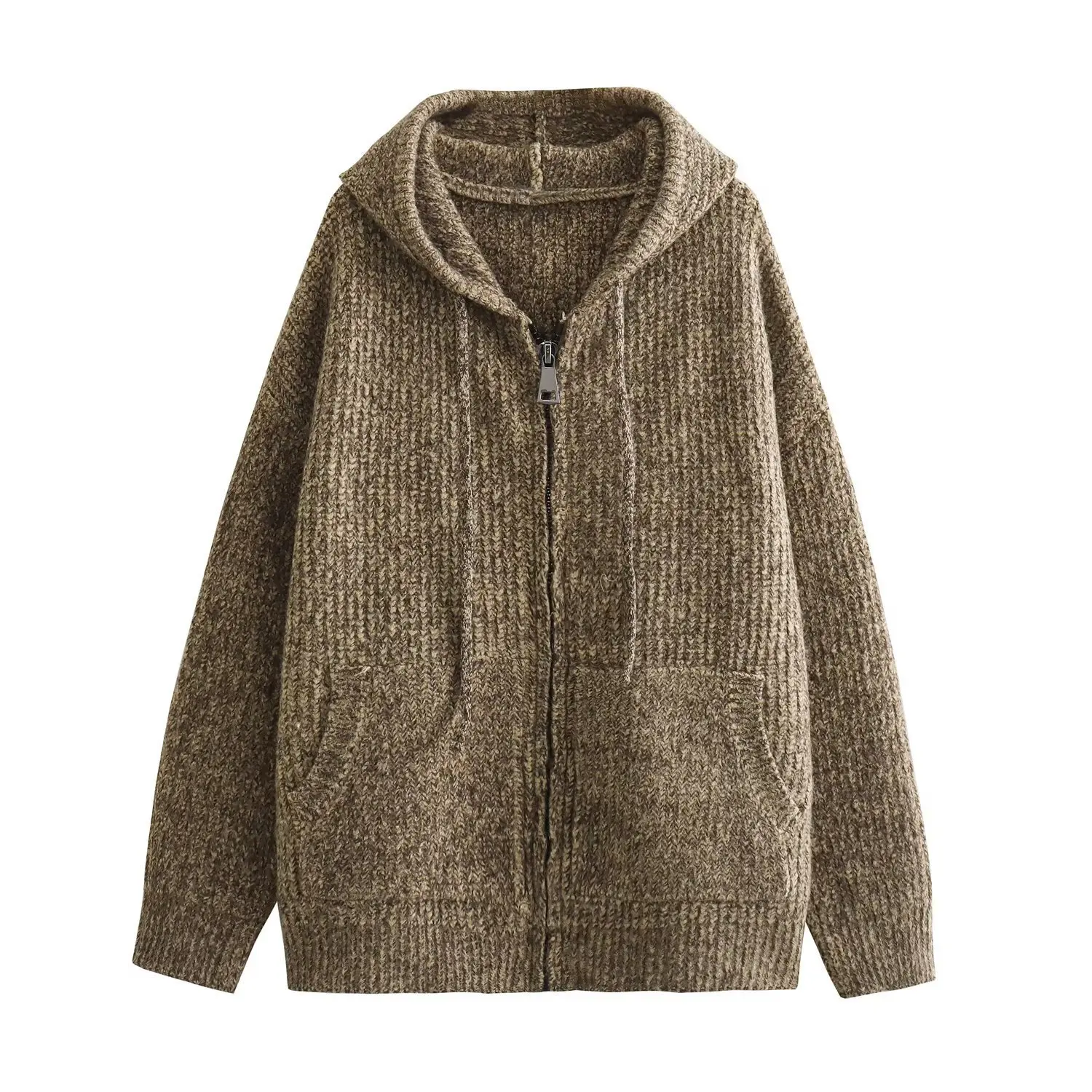 

Autumn Winter New Women's Hooded Knitted Coat Vintage Solid Color Lazy Style Cardigan Pocket Long Sleeved Casual Long Knit Shirt