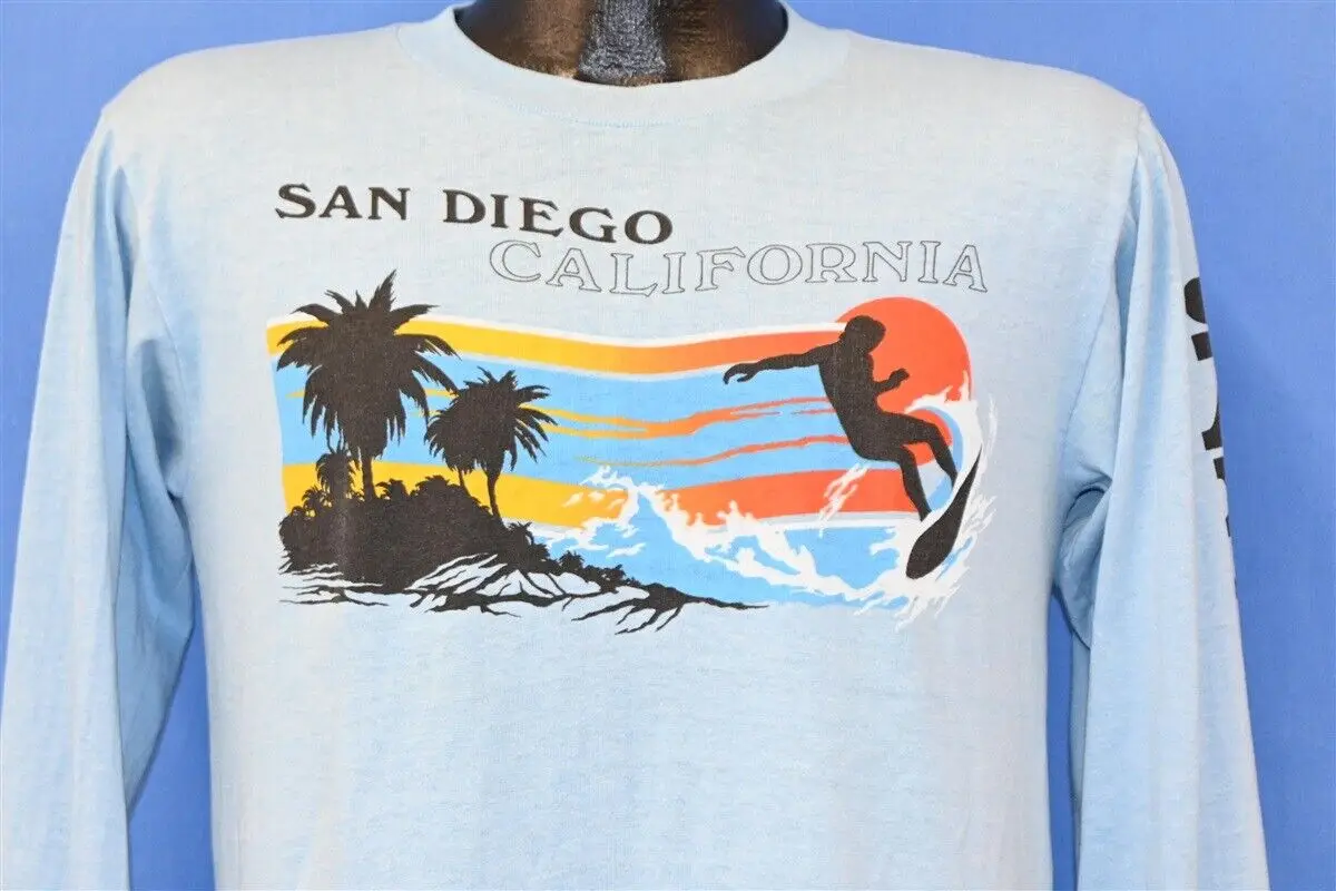 Vintage 80S San Diego California Beach Sunset Surf Palm Tree Blue Ls T Shirt M Maniche Lunghe O Corte