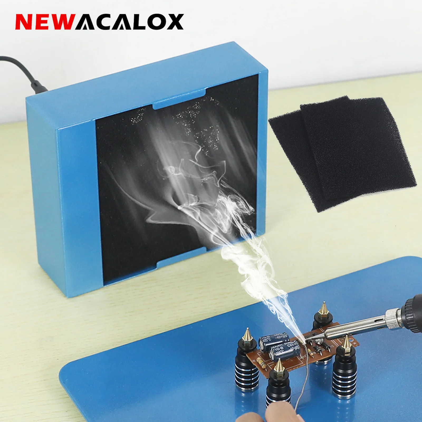 NEWACALOX 30W Soldering Smoke Absorber Fan with 2 Pcs Active Carbon Filters  Welding Fume Extractor Quiet Soldering Fan newacalox eu us 12v welding fume extractor soldering exhaust fan with 3 colors led light 2pcs flexible soldering third hand tool
