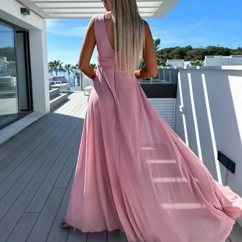 Sexy V-neck Women Prom Jumpsuit Solid Color Wide Leg Sleeveless Breathable High Waist Elegant Lady Playsuit Female Clothes OFE10