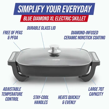 7QT Electric Skillet Nonstick Ceramic Frying Pan 5-in-1 Cooking Appliance with Glass Lid Easy Clean Temperature Control Family 3