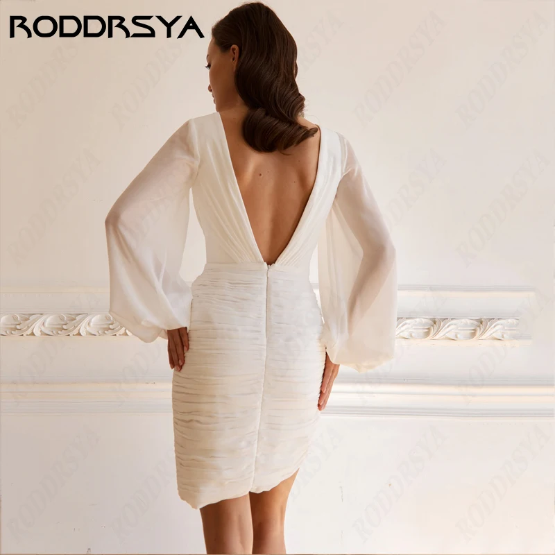 Wedding Dress For Women Short Mini Long Sleeve Deep V-Neck Backless Chiffon Robe Mariage Femme